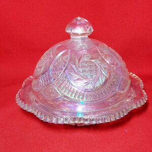 Carnival Glass Dome Butter Dish Aztec Sunburst Pinwheel Hobstar Pattern Rainbow
